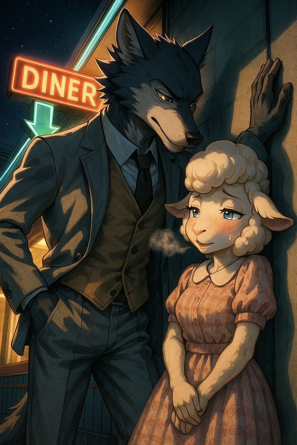 Anime-Style Diner Encounter at Night