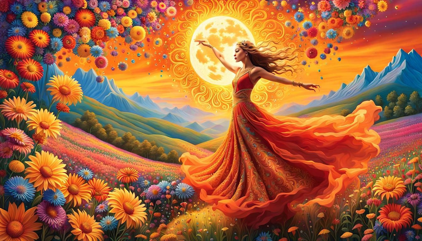 Surreal Woman Dancing Among Sun and Moon Flowers