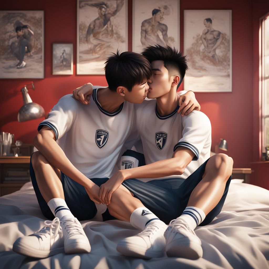 Two Athletic Men Kissing in Bed: Detailed Digital Art