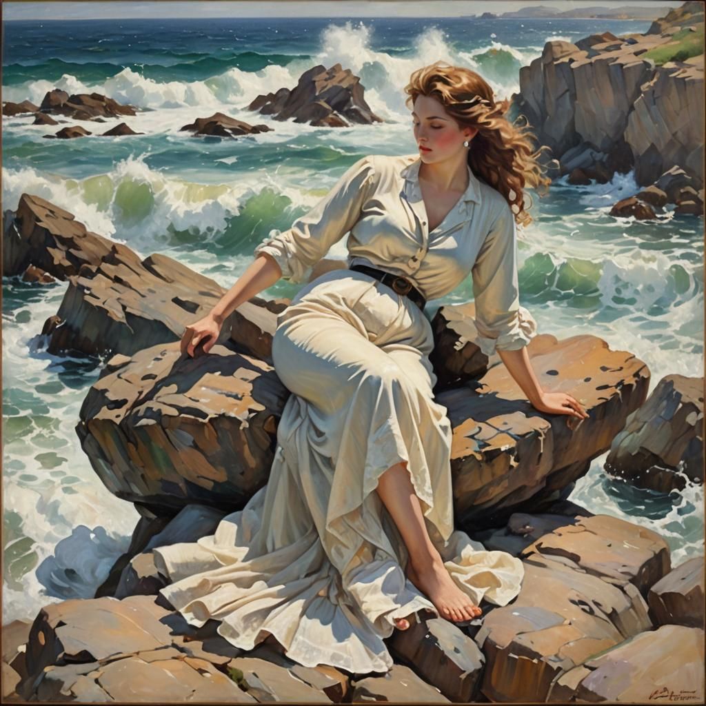 Graceful Woman by the Sea: Impressionistic Oil Painting
