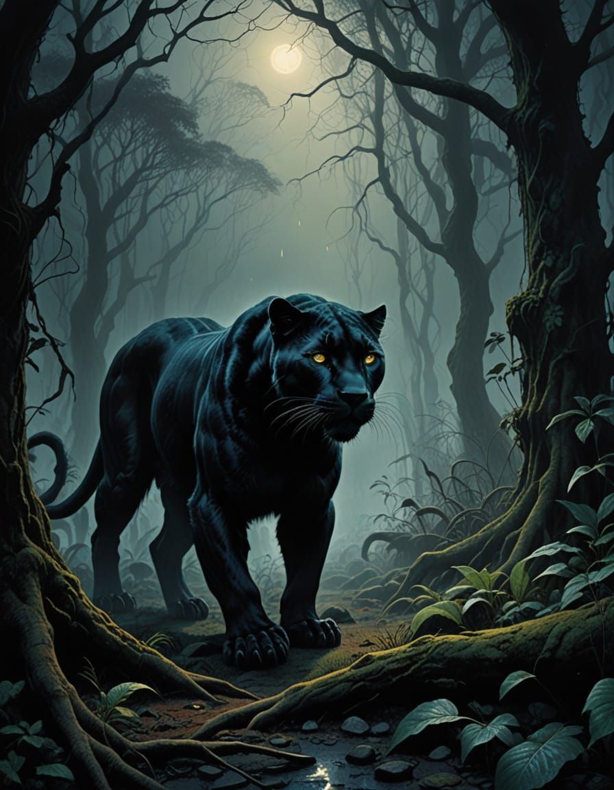 Midnight Panther Prowls Highland Jungle in Dreamlike Atmosph...