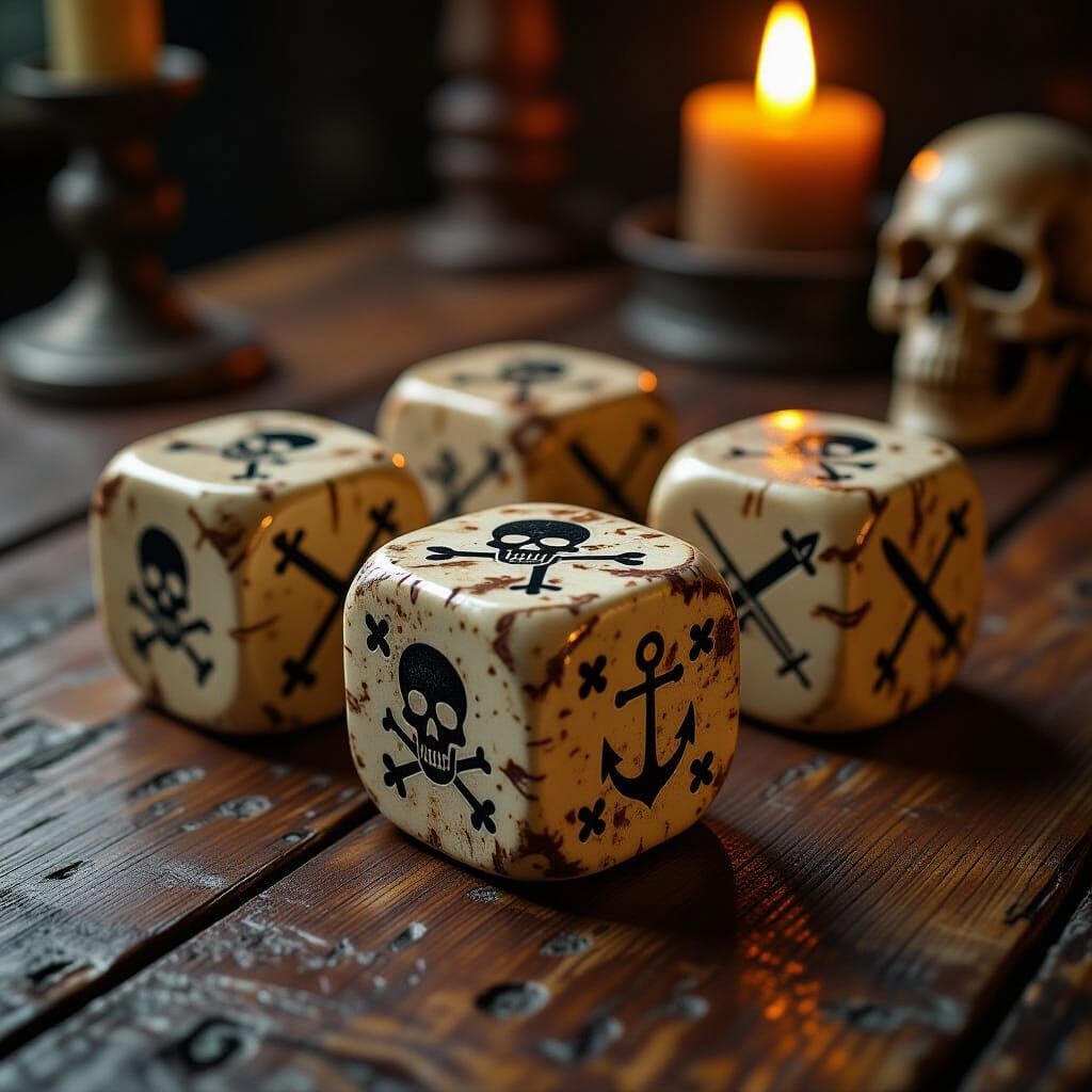 Pirate Bone Dice with Icons in Moody Lighting