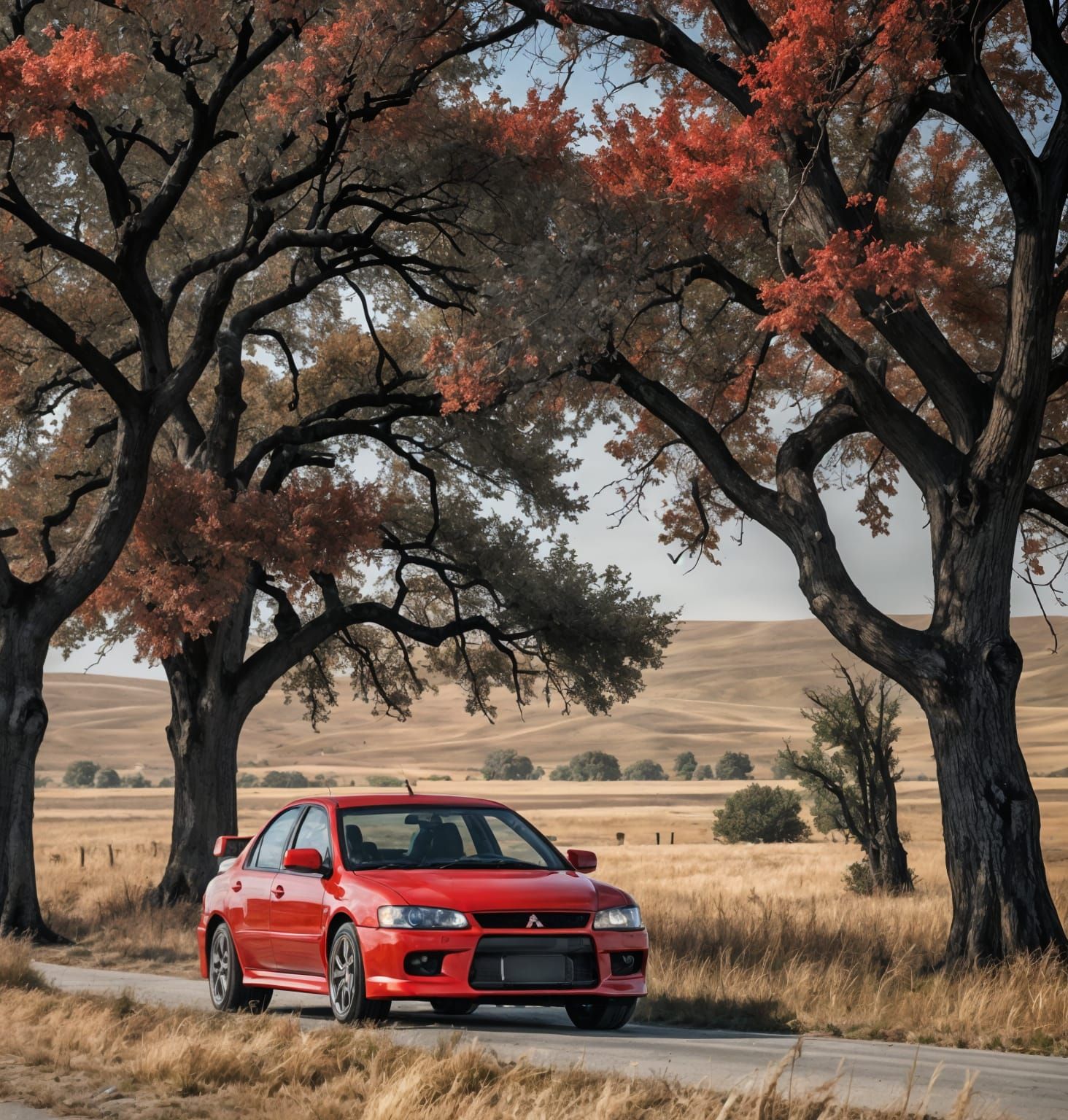 Neon Red Mitsubishi Lancer Evolution IV on Countryside Road