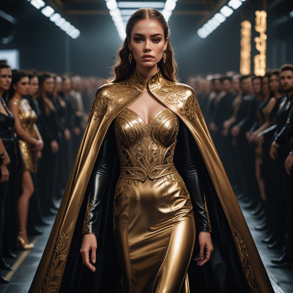 Elegant Woman Stands Confidently on Futuristic Runway in Hig...