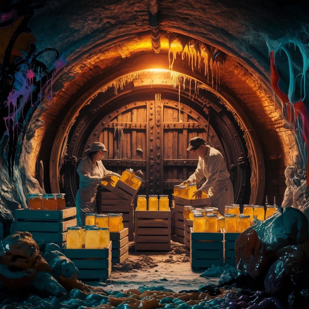 Workers Packing Jelly Jars in Graffiti Art Style