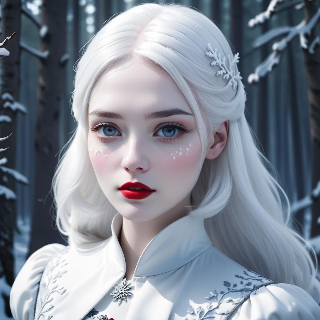 Girl with white hair and porcelain white skin, Snow white forest background