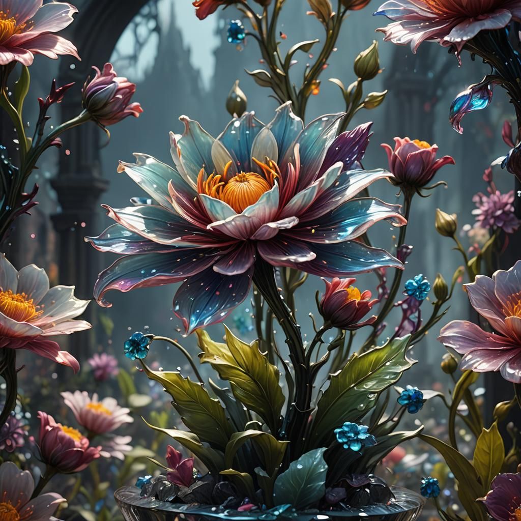 Glass Flower in Detailed Matte Painting Style