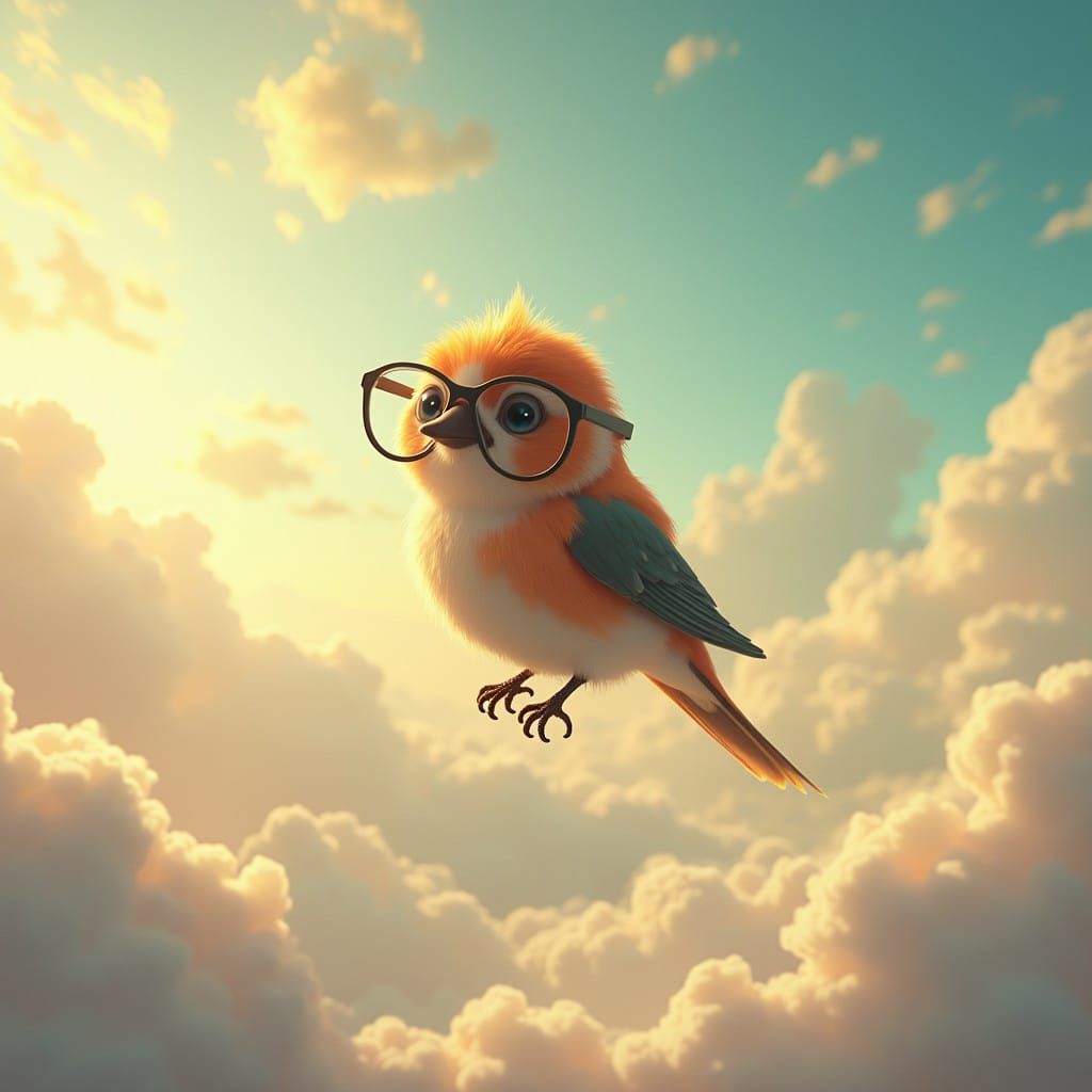 Bird Soars Through Whimsical Skies in Vibrant, Golden Light
