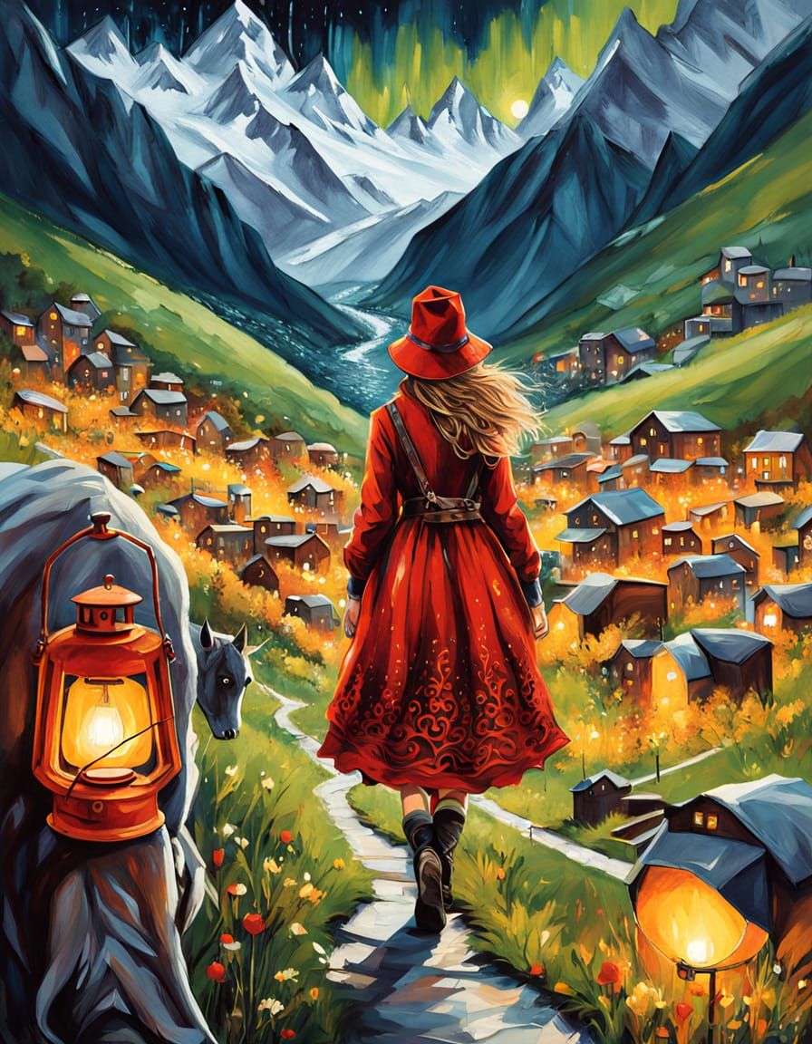 Whimsical Swiss Alps Village Illustration with Klimt Crochet...