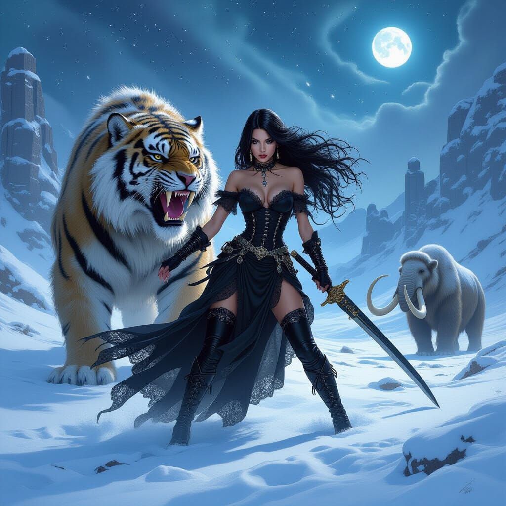 Gothic Space Princess Battles Tiger in Alien Landscape