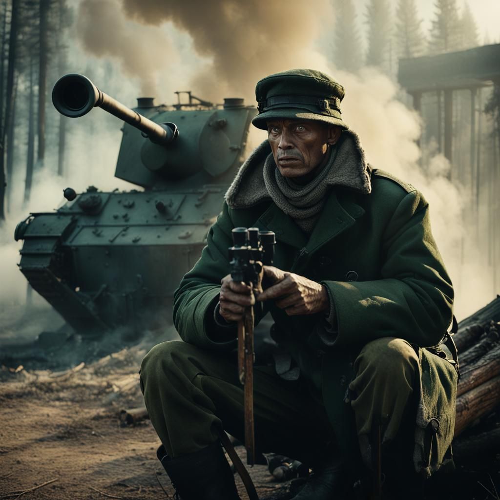 Soldier in War-Torn Village: A Cinematic Film Still