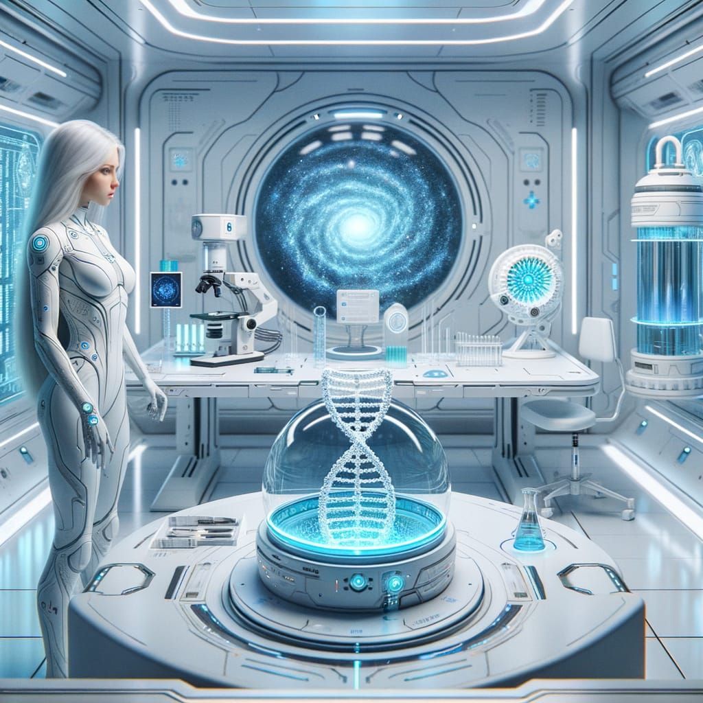 Futuristic Lab with Alien Observing Galaxy DNA