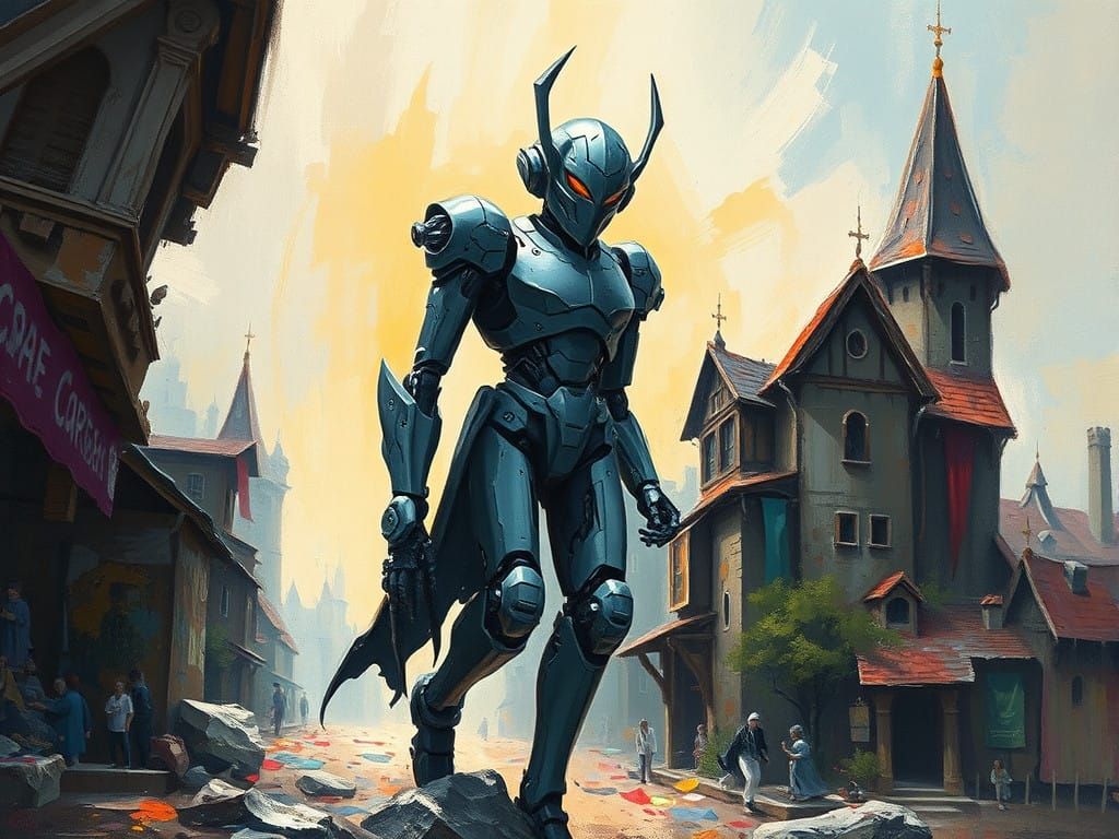 Futuristic Robot God Enters Medieval City in Neo-Impressioni...