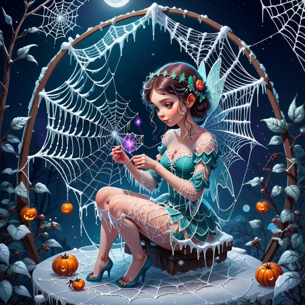 Cute Fairy Repairs Icy Spiderweb