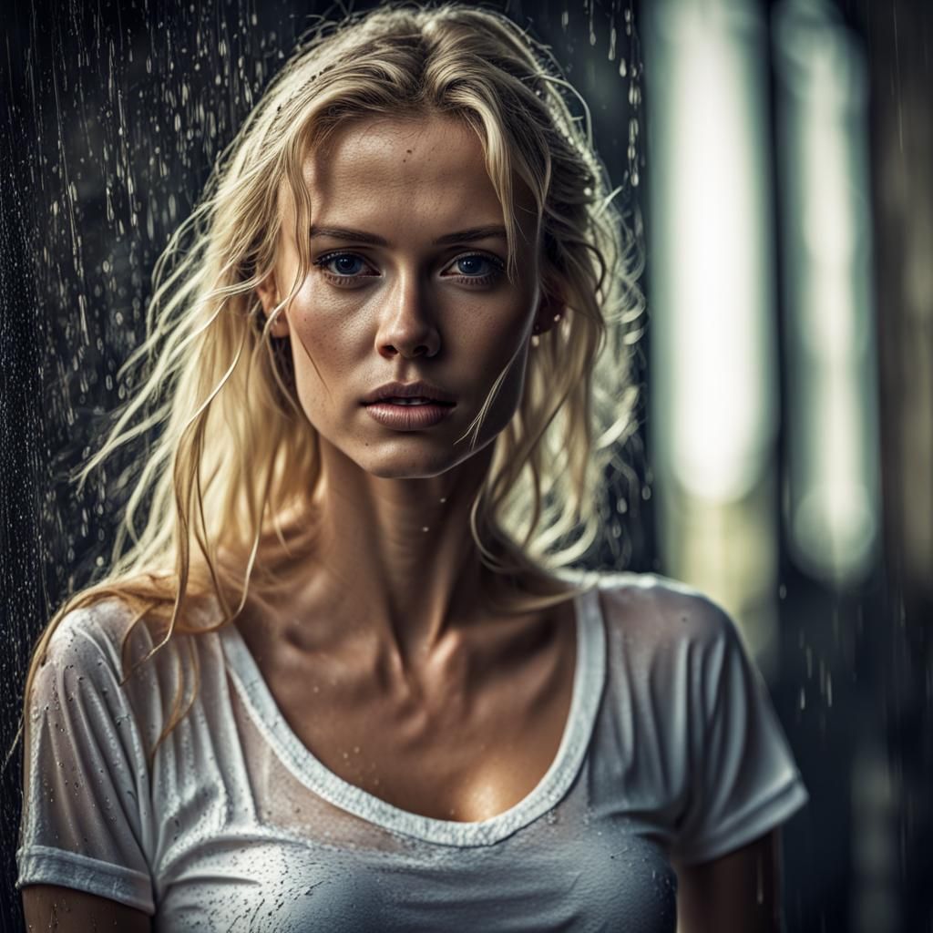 Hyperrealistic Blonde Woman in Wet T-Shirt