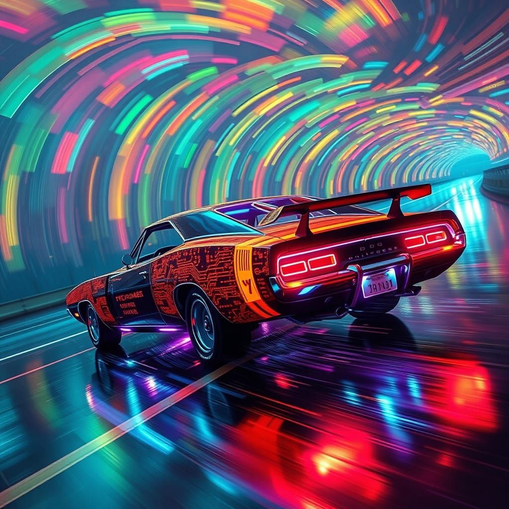 Neon-Lit Cyberpunk Charger Speeds Down Rainy Highway