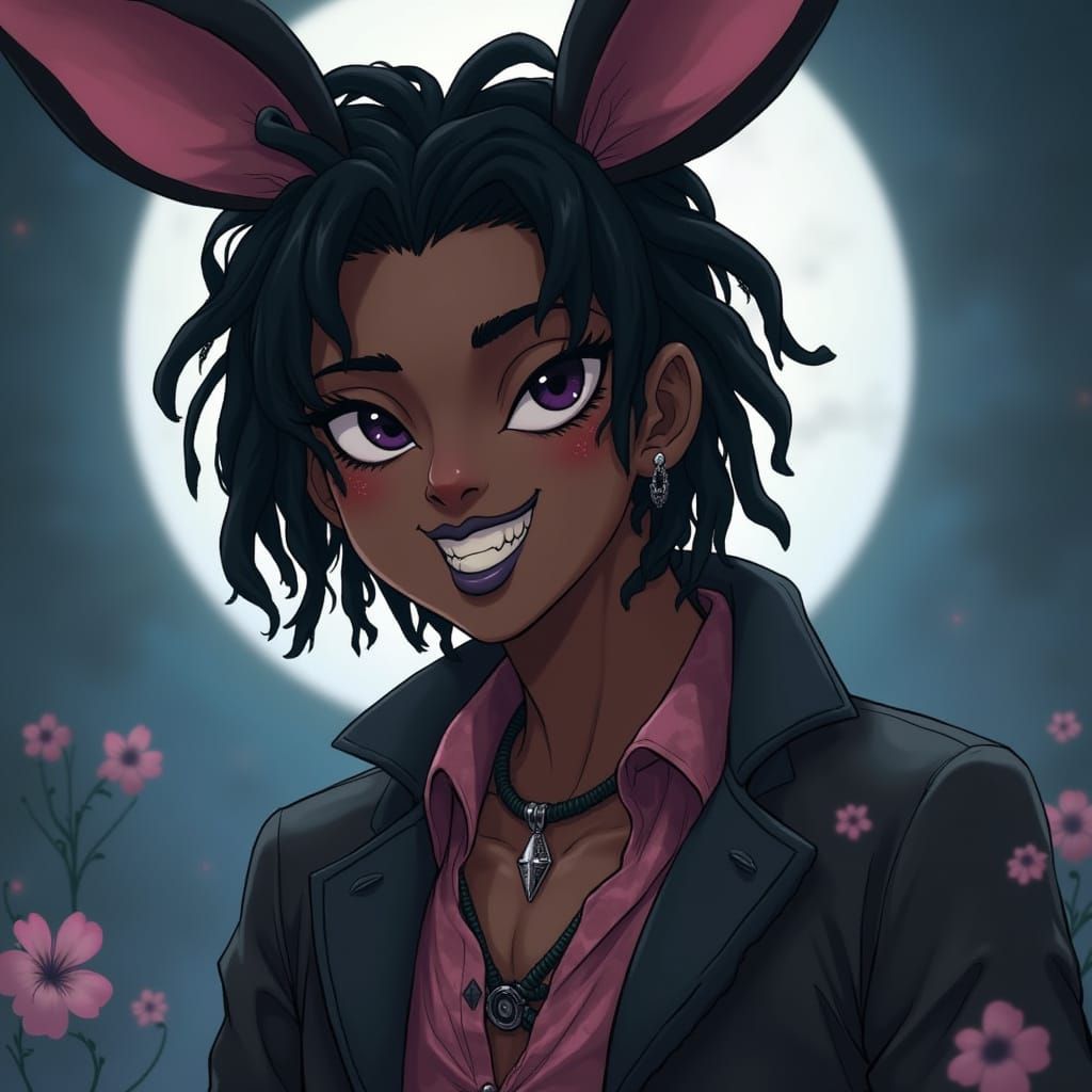 Androgynous Fantasy Hero with Bunny Ears and Vampire Fangs