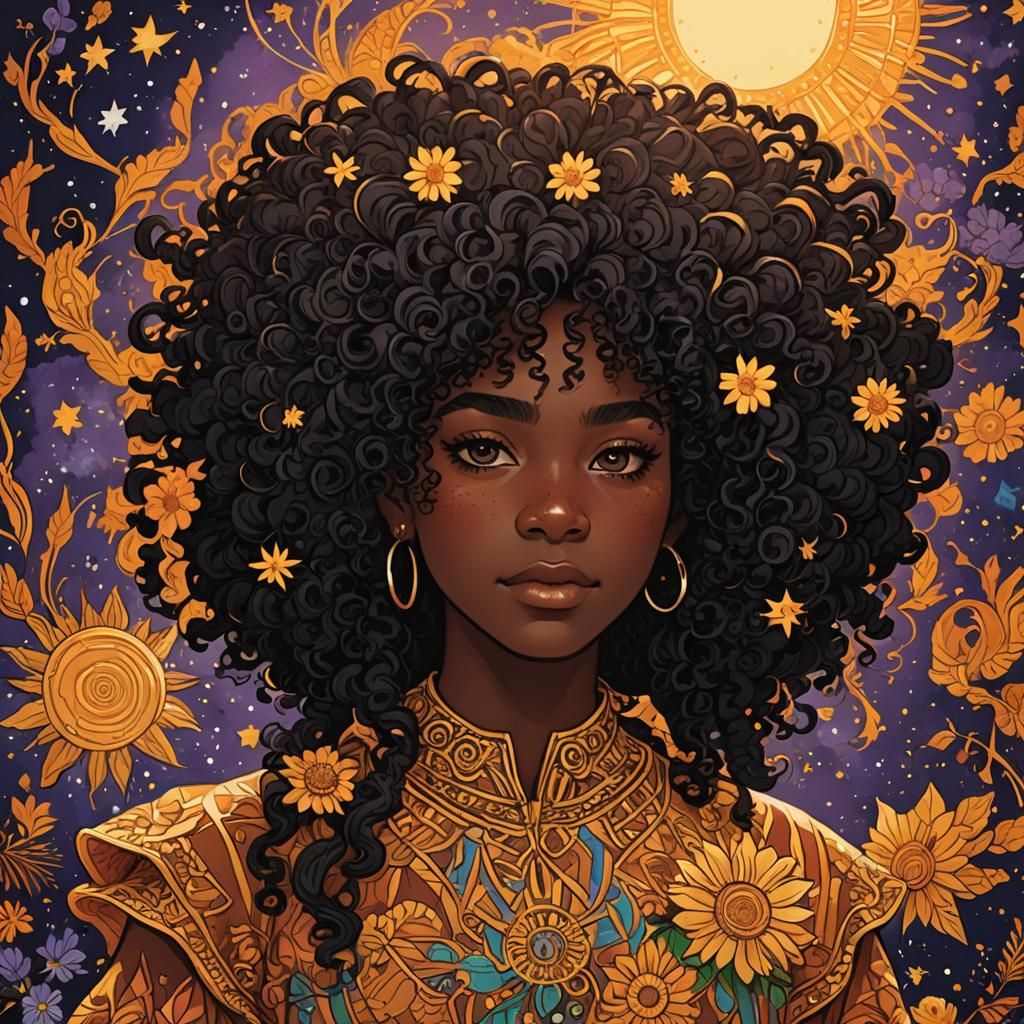 Magical Woman with Gravity-Defying Hair in Cartoon Style