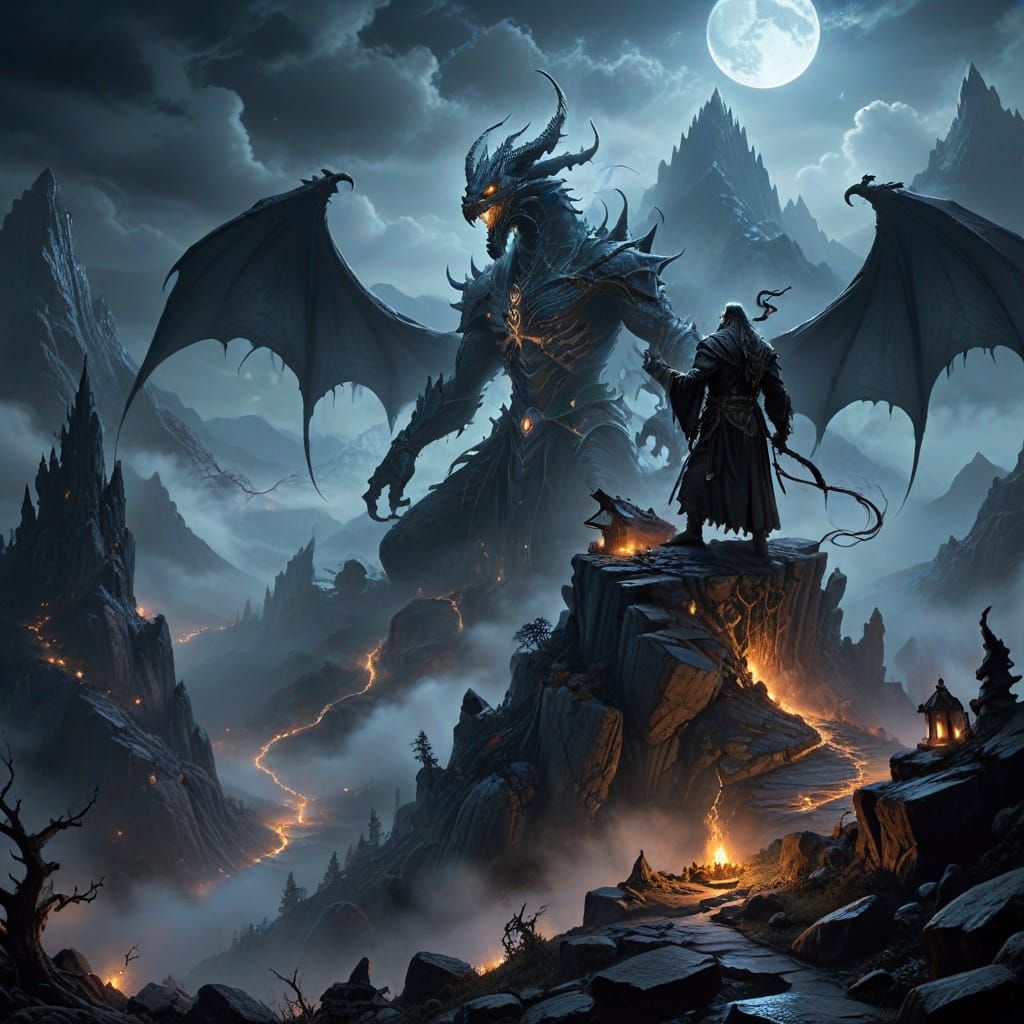 Old Wizard Conjures Energy on Moonlit Mountain Peak