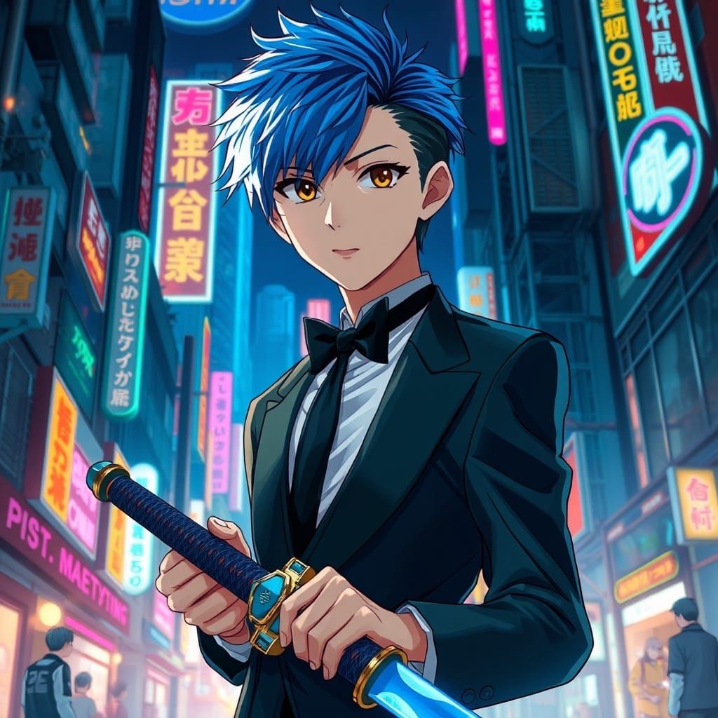 Cyberpunk Boy with Blue Hair in Cityscape