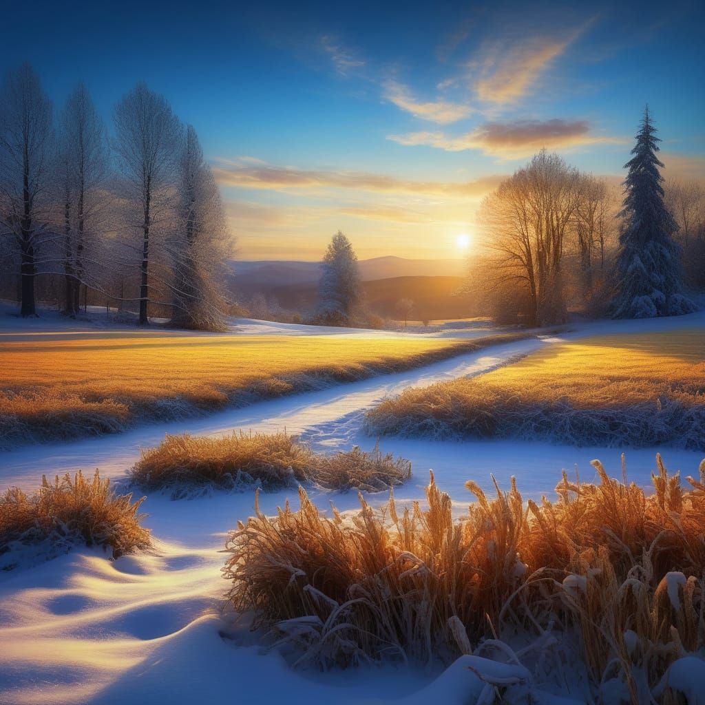 Impressionist Winter Sunset Landscape with Golden Light