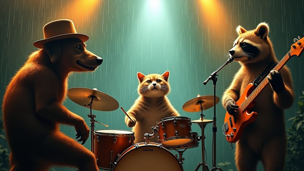 Animals playing jazz in a rainy forest