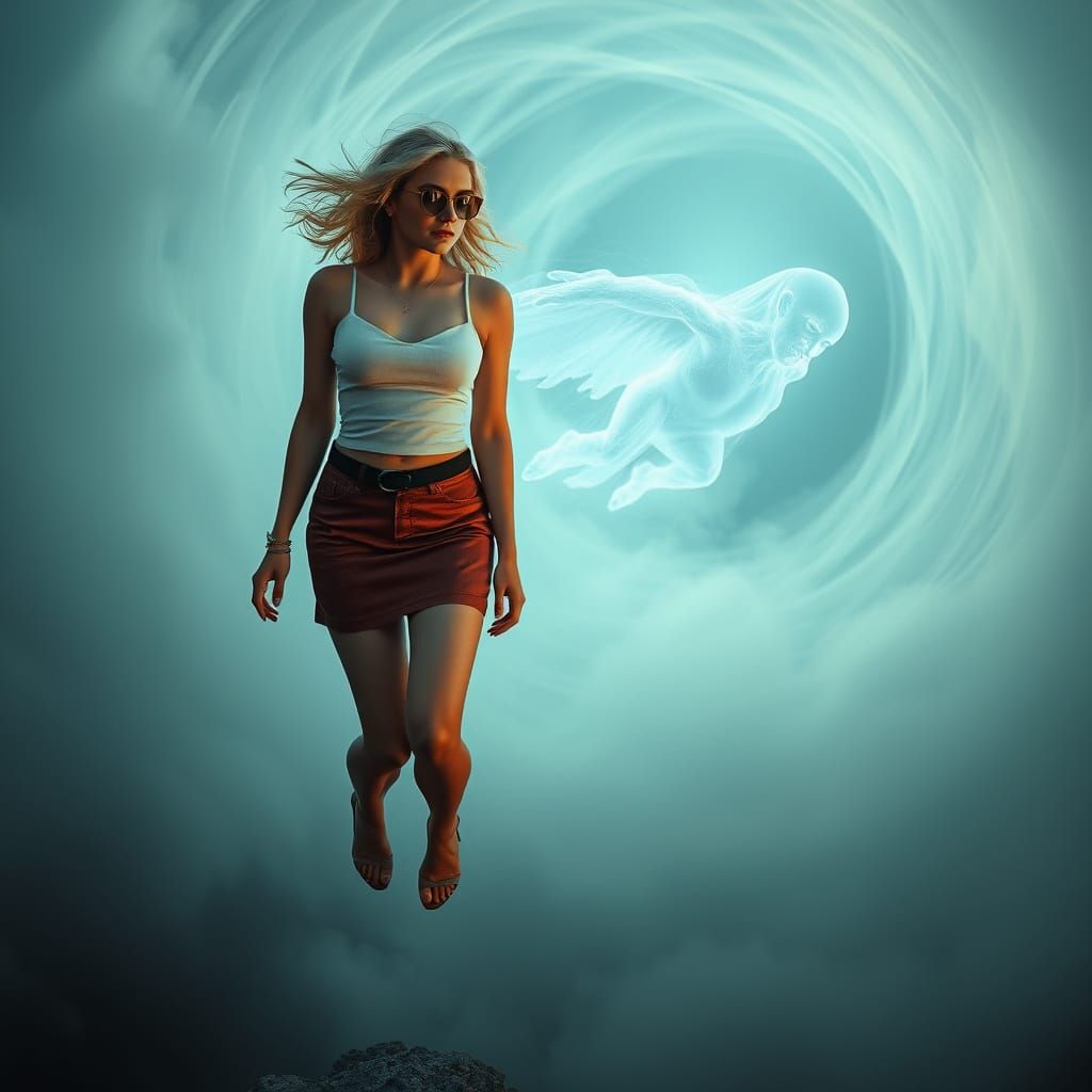 Stylish Blonde Surrounded by Ethereal Vortex and Ghostly App...
