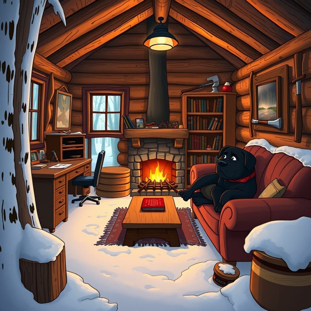 Cozy Log Cabin with Dogs in Animated Style