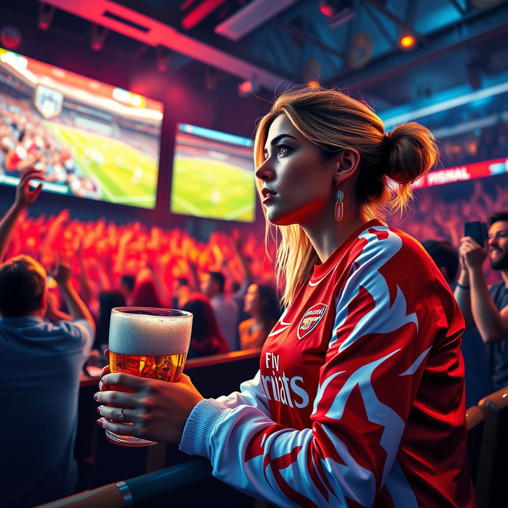 Woman in Arsenal Jersey Watching Intense Match