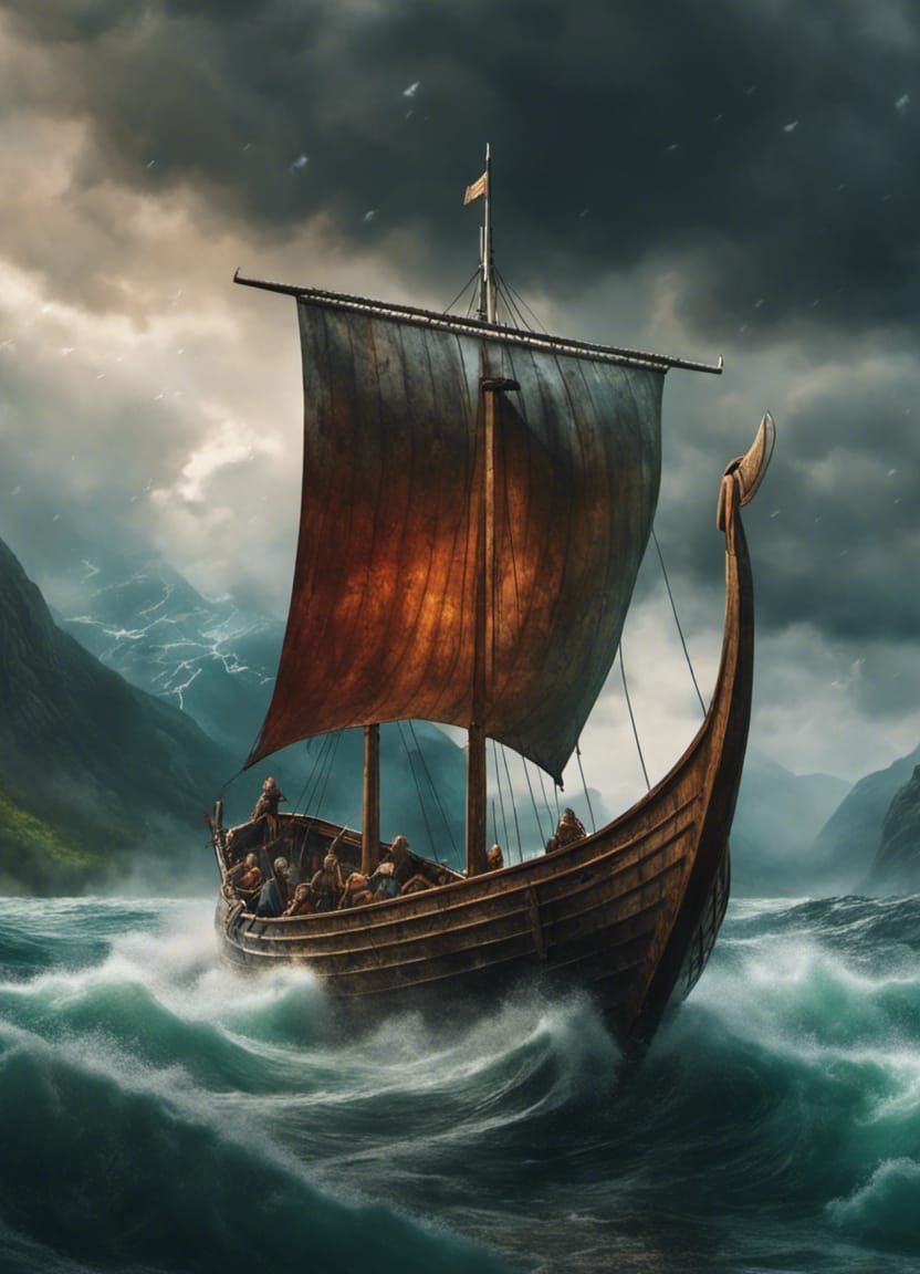 Viking longship sailing across a fjord