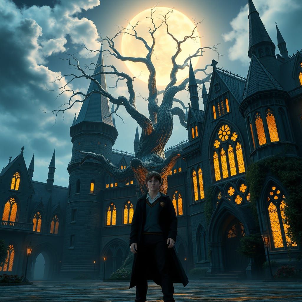 Harry Potter in Enchanted Hogwarts Courtyard