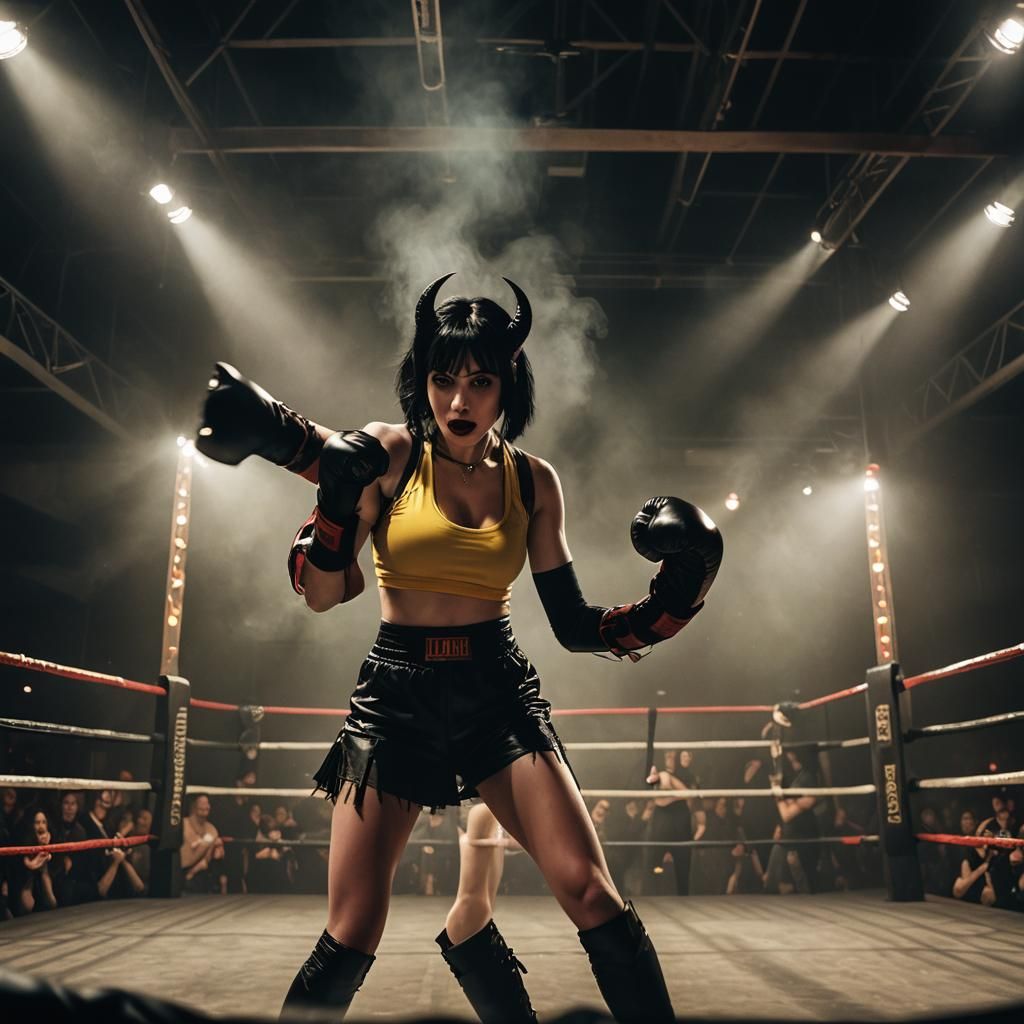 Vampire Emo Woman Boxing Devil in Dark Ring