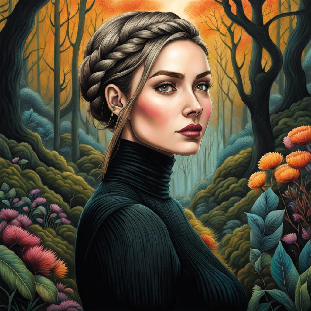 Mystic Garden: Curvy Woman in Charcoal Drawing