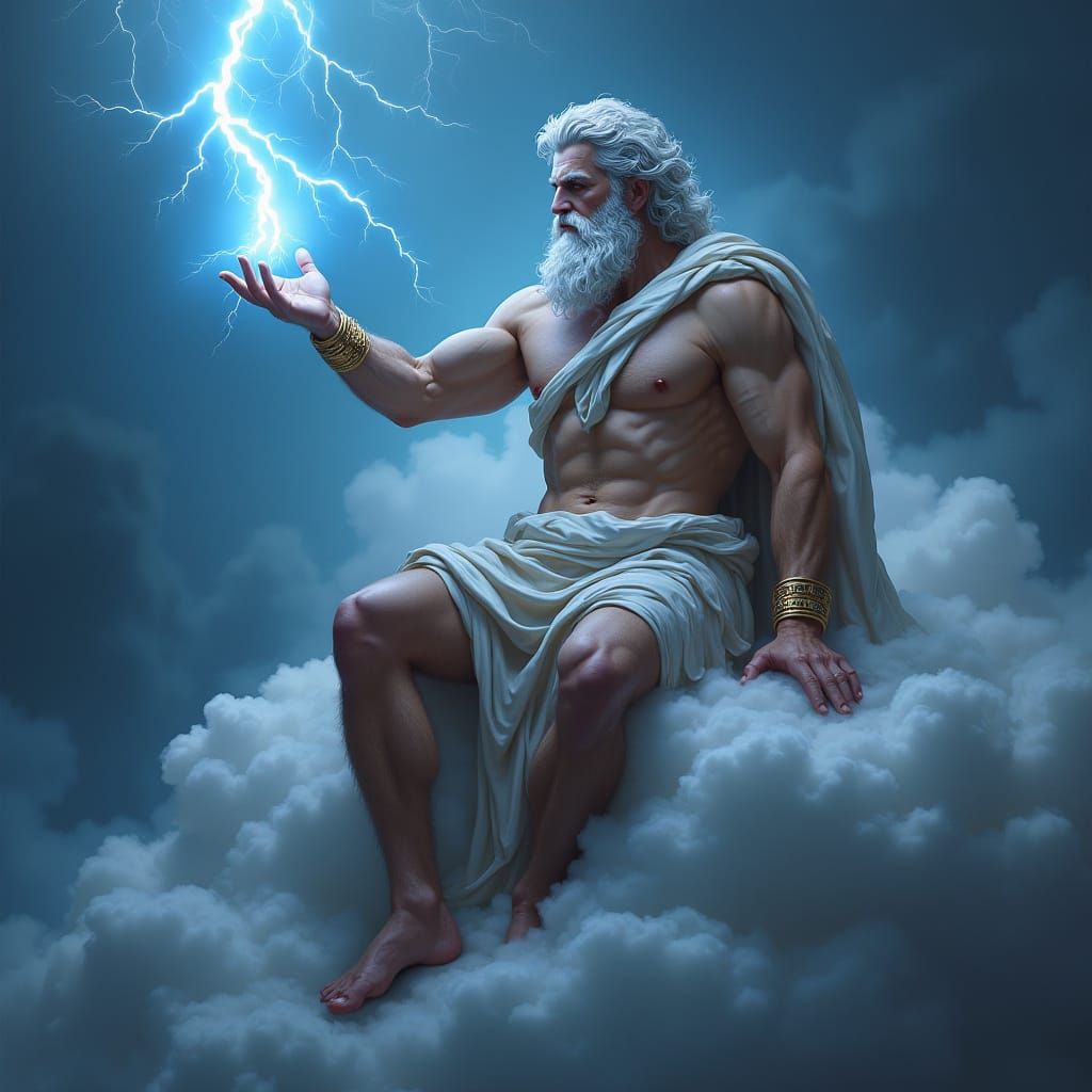 Mythical Zeus Sits on Cloud, Wielding Blue Lightning Bolt