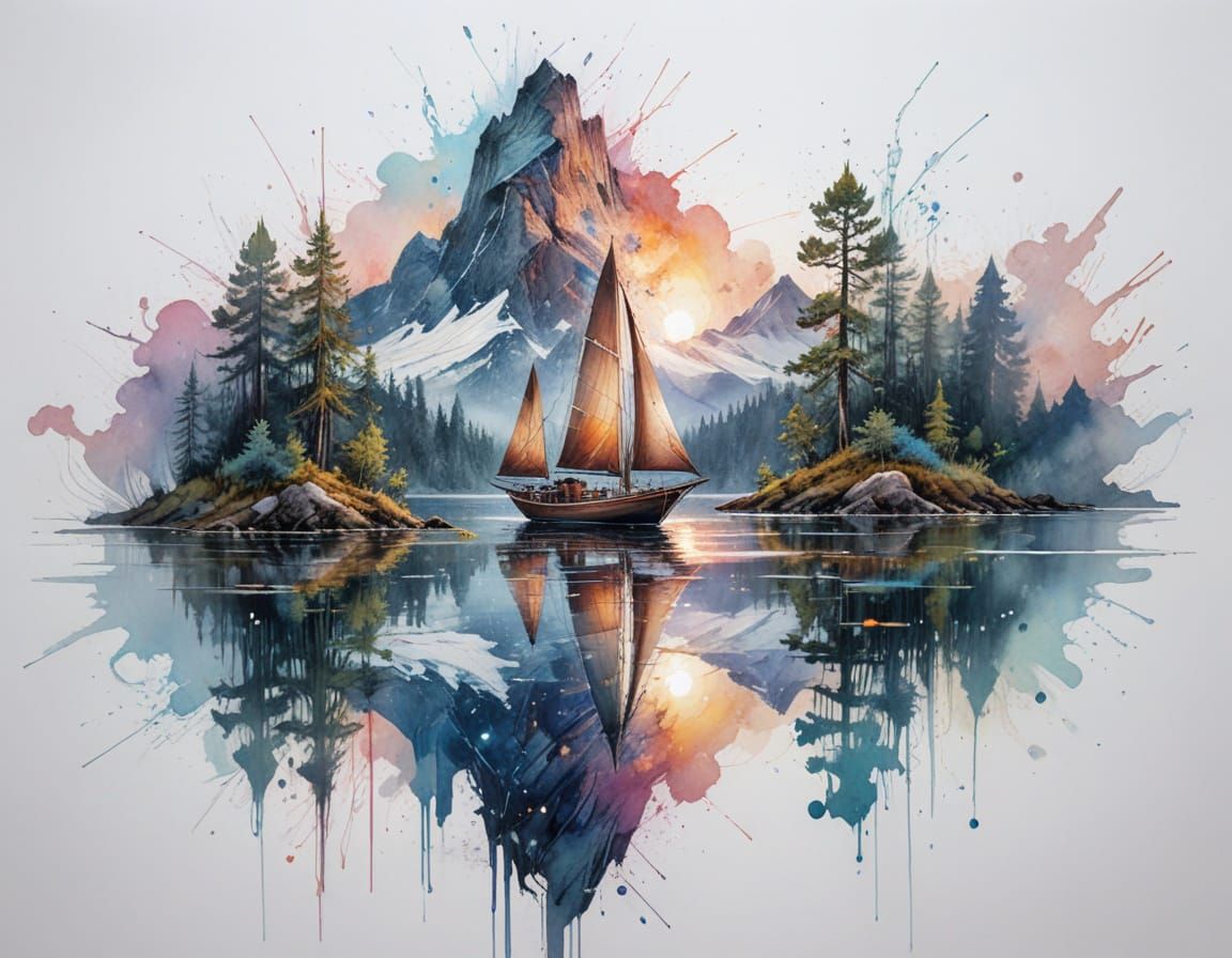 Sailboat on Alpine Lake Under Starry Galaxy Sky