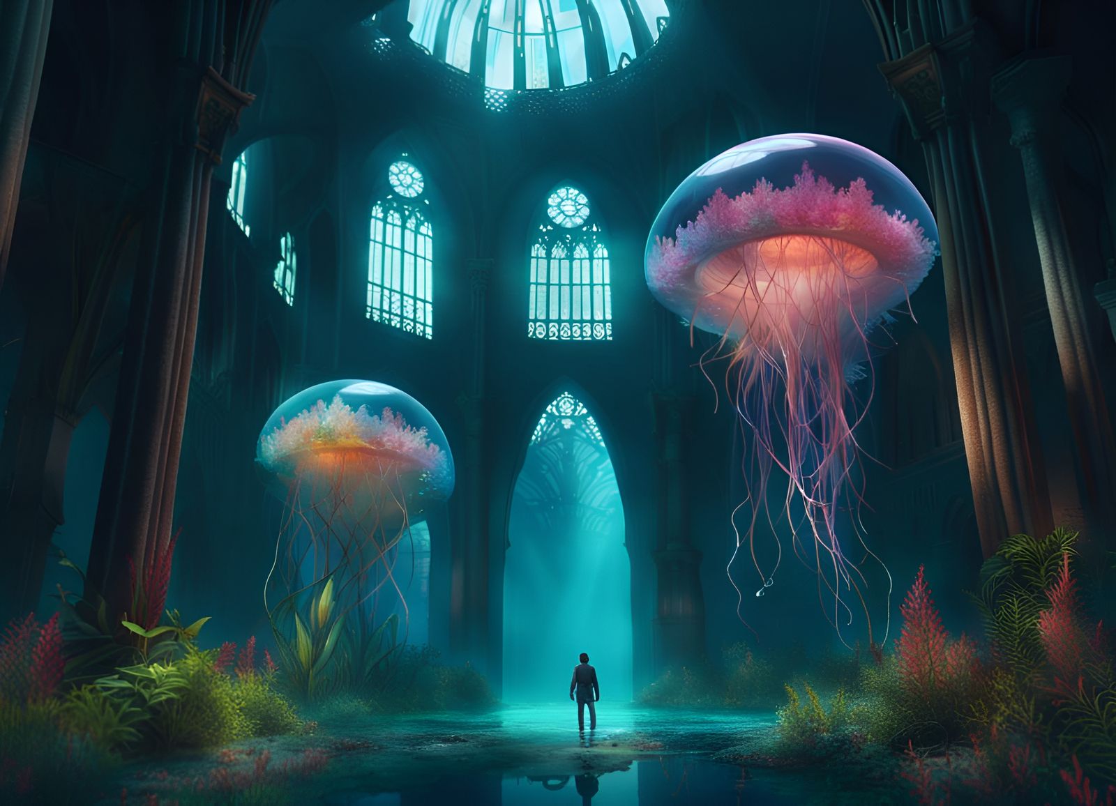 Underwater Dystopian Cathedral with Luminous Jellyfish