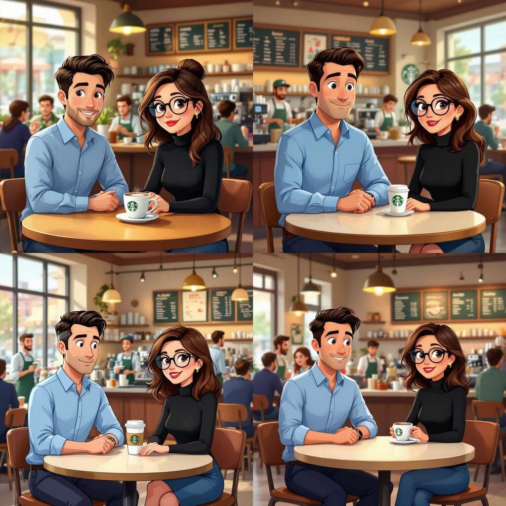 Cartoon Duo Enjoys Coffee at a Cozy Cafe