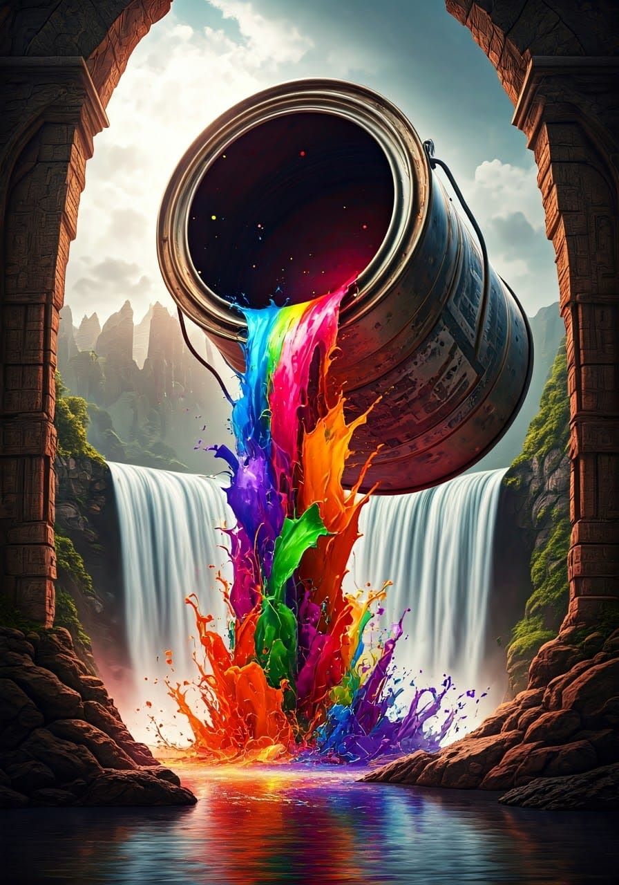 Gigantic Metallic Paint Can Unleashes Vibrant Waterfall