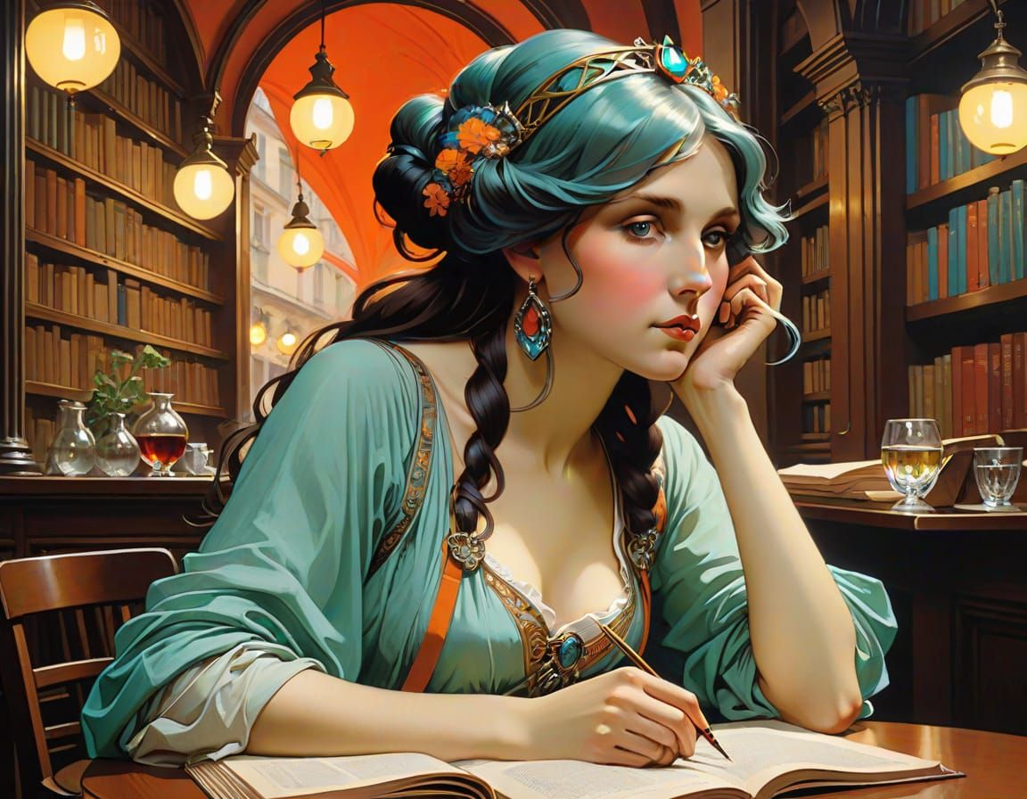 Mathematician at Lisbon Cafe: Ink Drawing in Alphonse Mucha ...