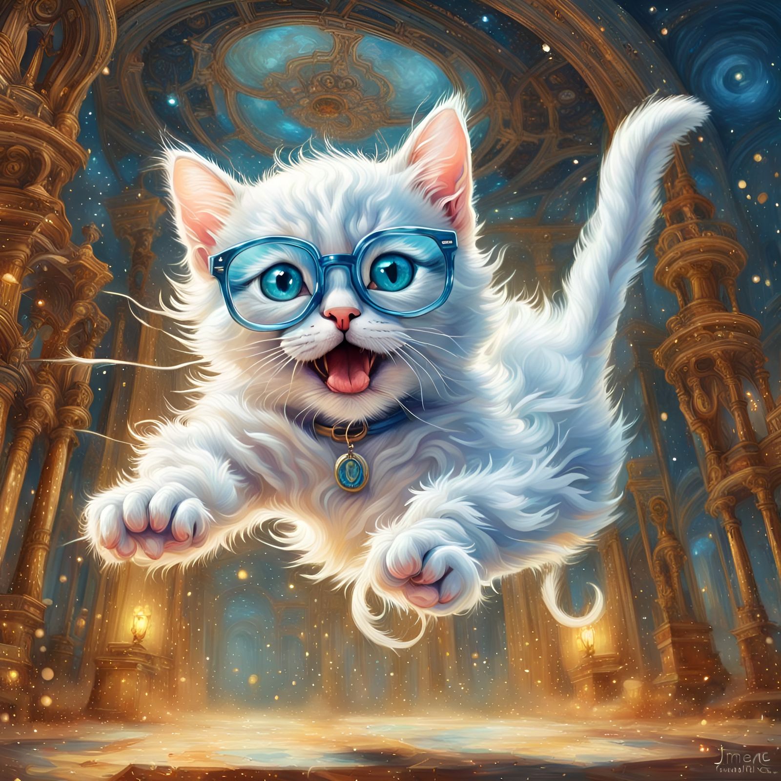 Joyful Blue Kitten with Glasses in Art Nouveau Style