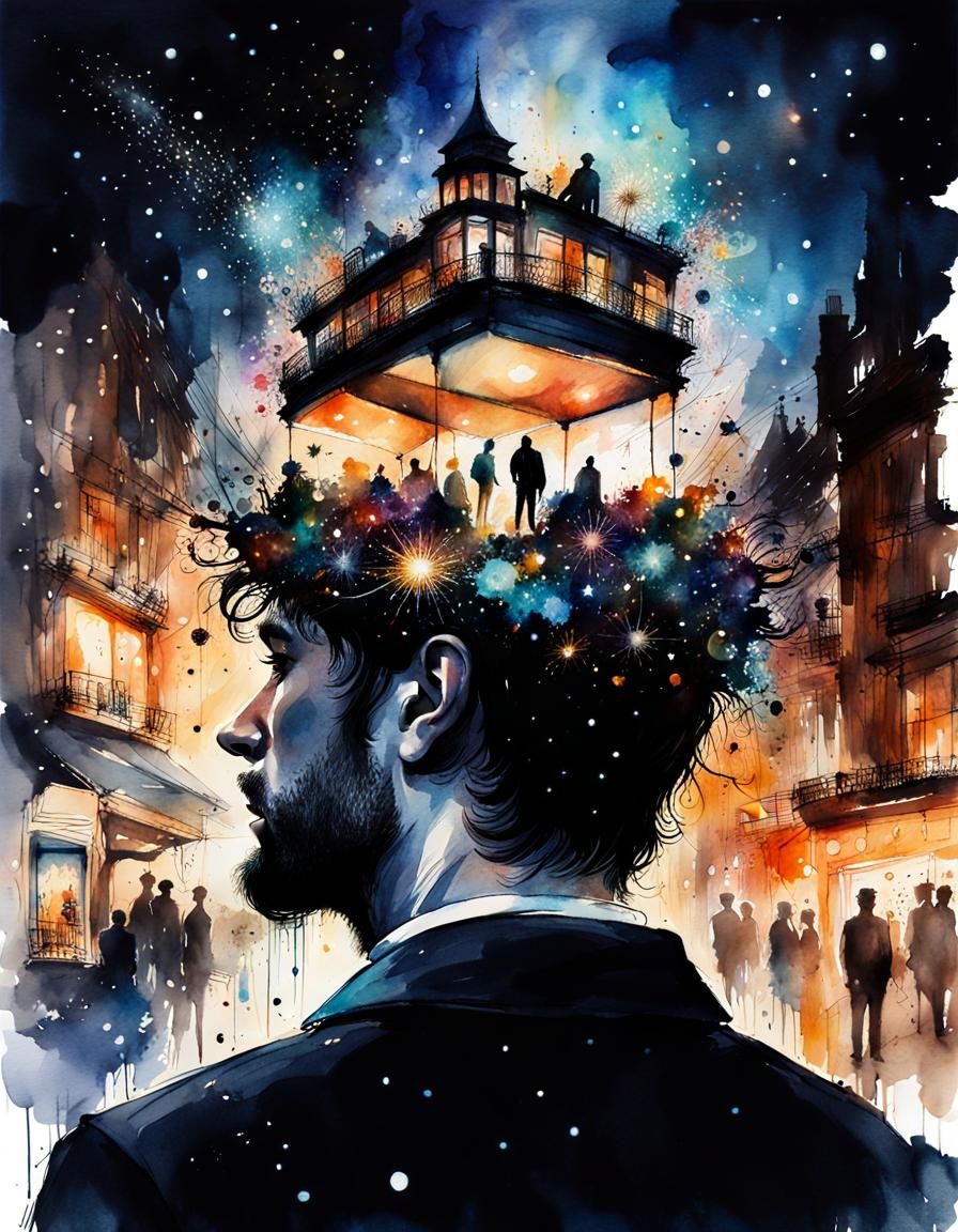 Surreal Night Cafe on a Head, Watercolor Style