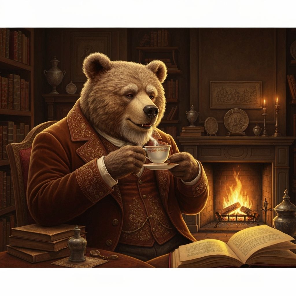 Anthropomorphic Bear Sipping Tea in Cozy Study, Hyperrealist...