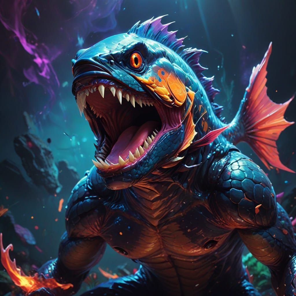 Massive Fish Consumes Human in Exaggerated Anime Style