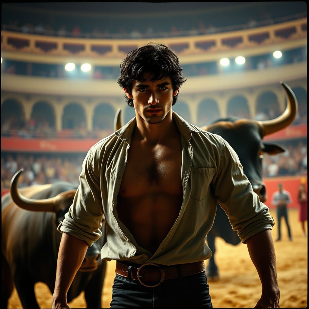 Toreador Facing Bull in Arena, Cinematic Style