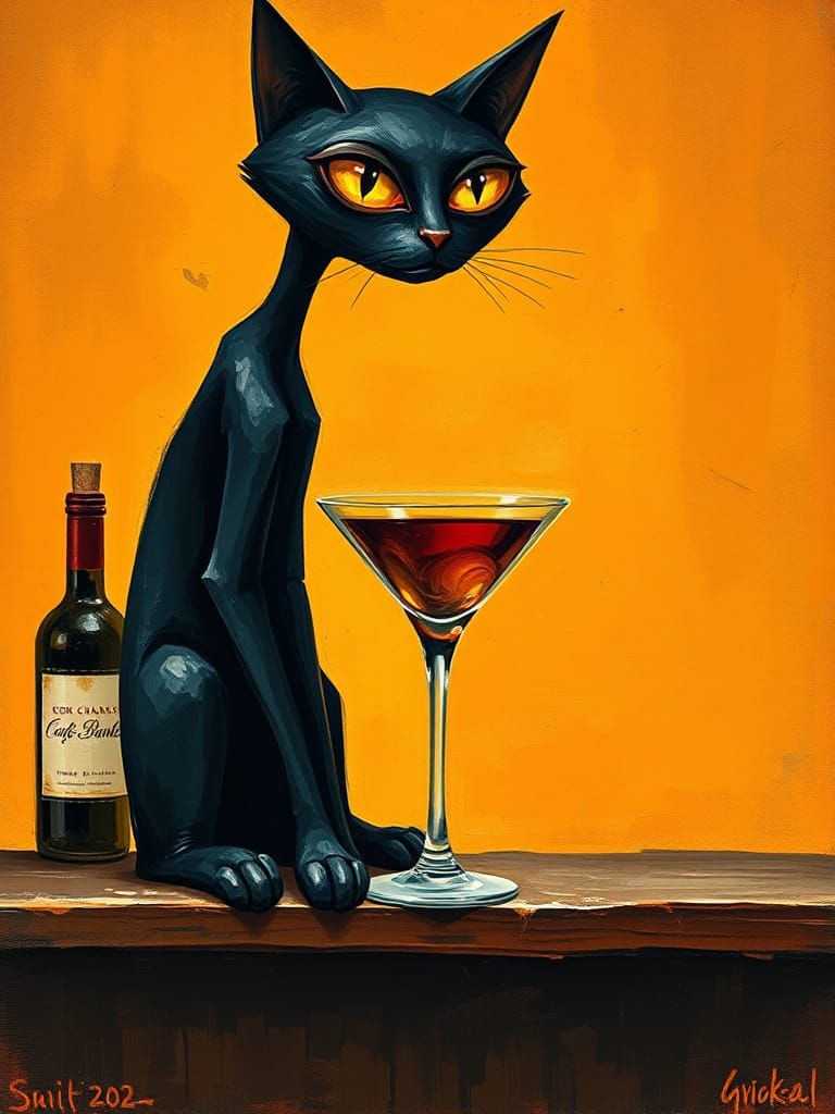 Surreal Black Cat Sipping a Martini, Expressionist Style