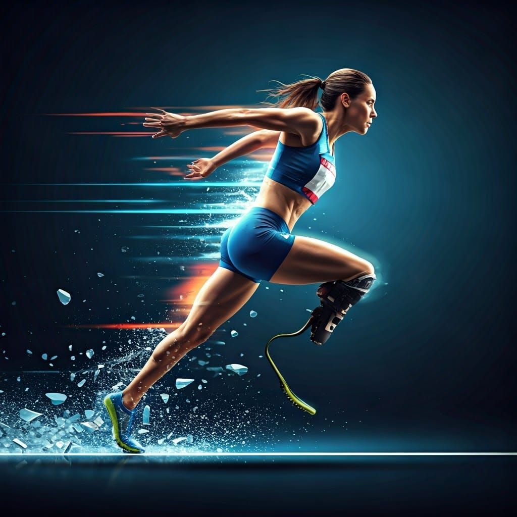 Paralympic Sprinter Breaks Finish Line in Stylized Realism