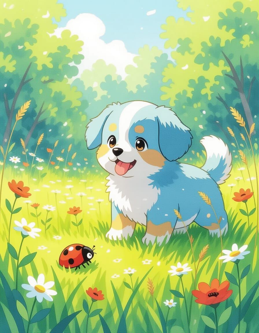 Anime Puppy and Ladybug in Lush Meadow