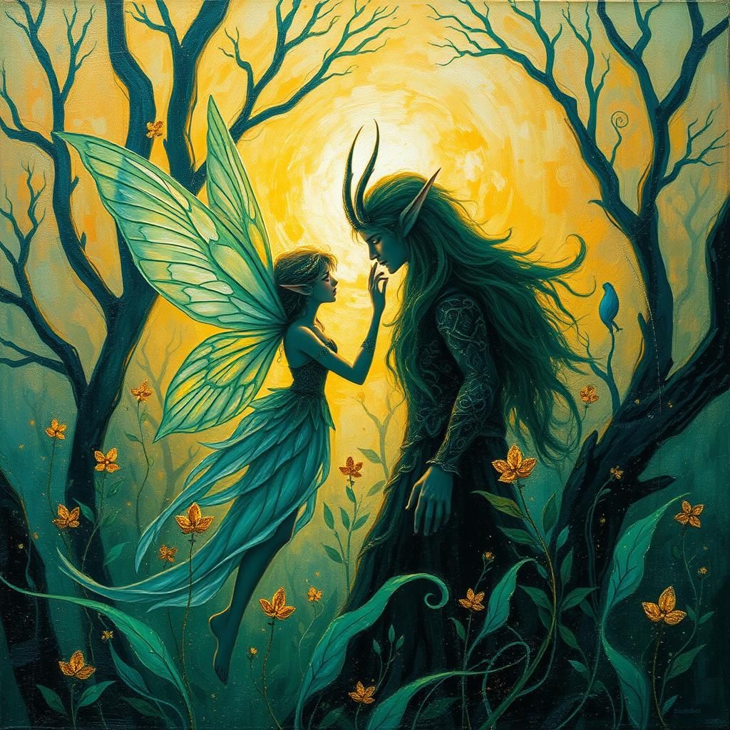Enchanted Fairy and Elf Union in Golden Light