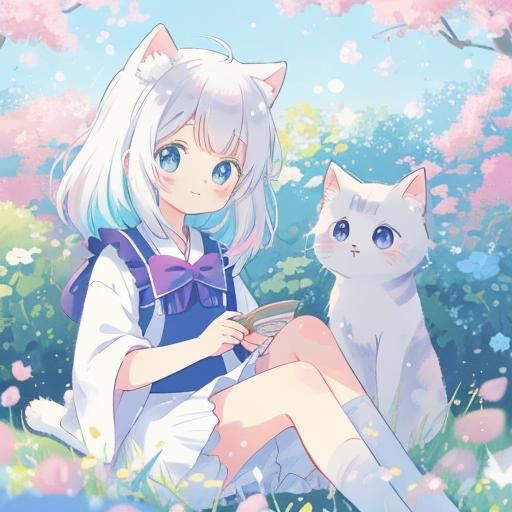 Anime Cat Girl Portrait in Pastel Garden