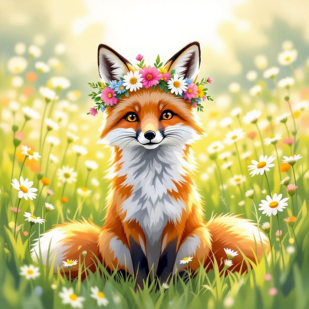 Fox in Daisy Meadow, Watercolor Illustration